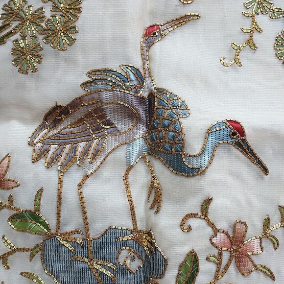 VTG GoldenCloud Pillow Cover Bird Flower Fish Silk Rayon Hand Embroidered Ruffle - Picture 3 of 11